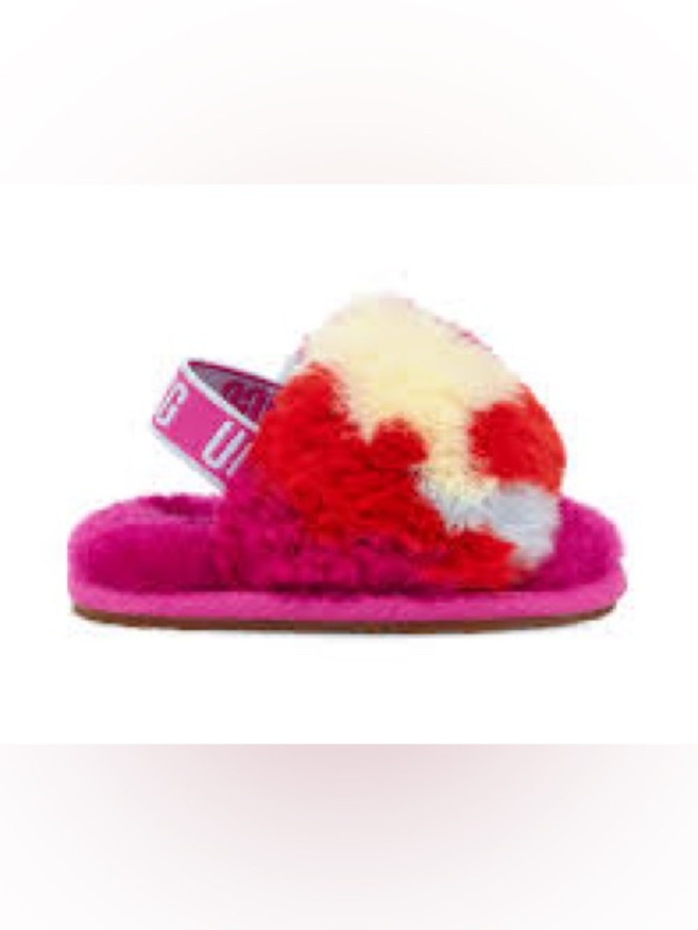 UGG fluff yeah baby slippers with pink, red, yellow, fur in a USA 2-3C